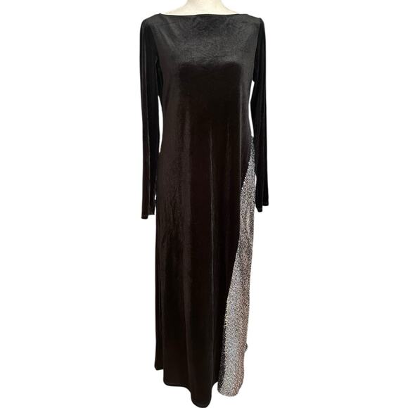 Isaac Mizrahi M Black Velvet Long Sleeve Silver Sequin Side Panel Evening Gown - Picture 1 of 6